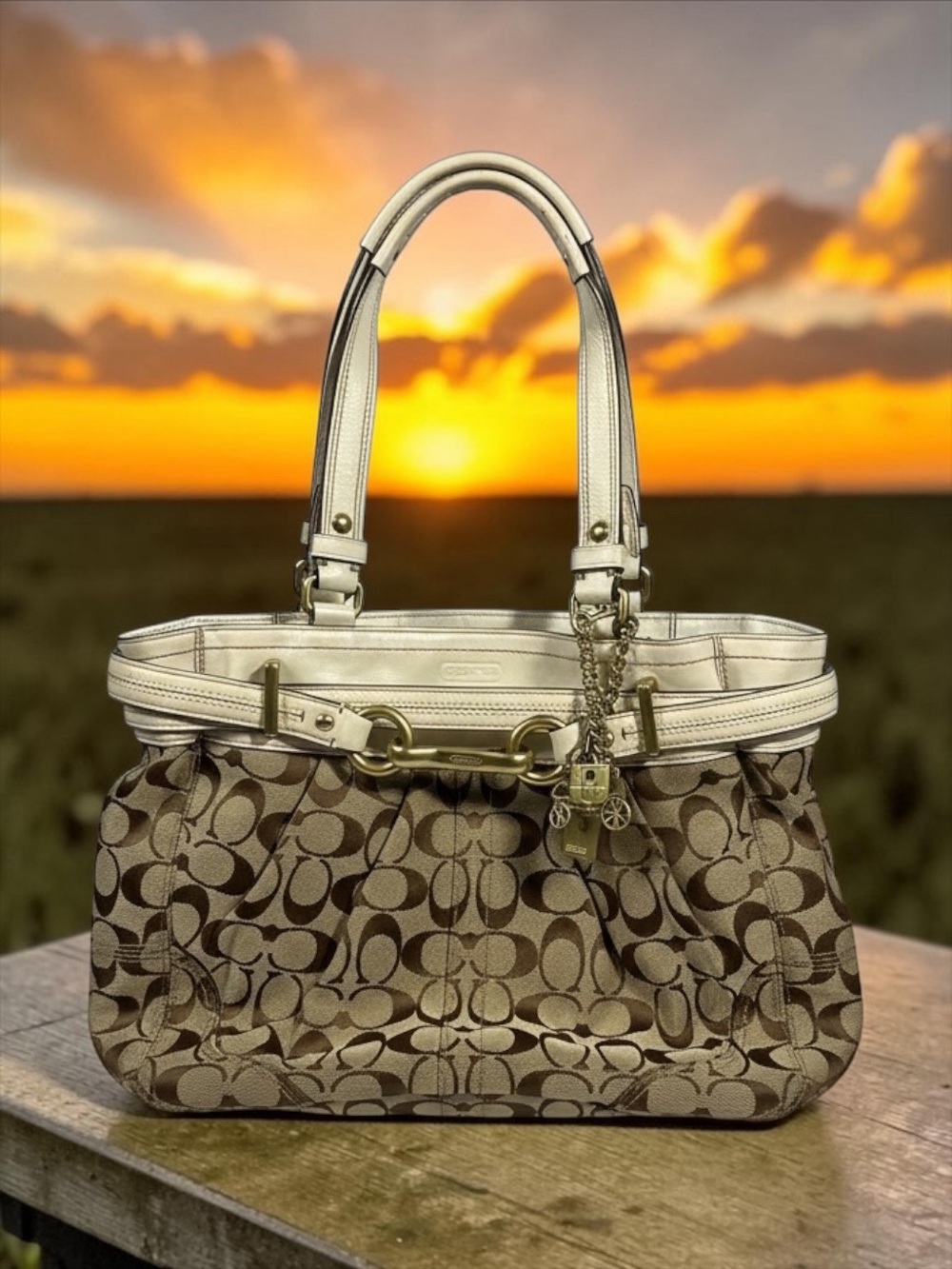 Coach Vintage Hamptons Signature Carryall Tote Bag 12467 Khaki/White VGUC